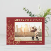 ゴールドの葉のバーガンディ写真 楽しいクリスマス シーズンカード (スタンド正面)