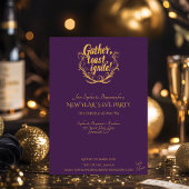 ゴールドの葉の装飾が施されたエレガントなパープルの新年会 招待状
