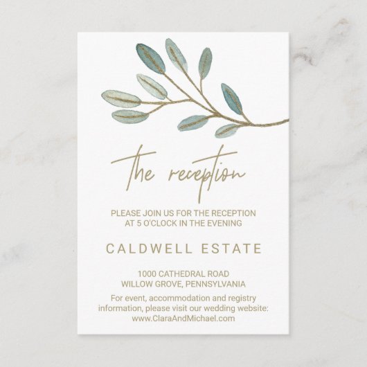 ゴールドの葉脈が入ったユーカリの結婚式の受付カード エンクロージャーカード (正面)