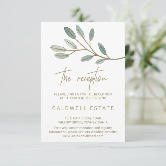 ゴールドの葉脈が入ったユーカリの結婚式の受付カード エンクロージャーカード (スタンド正面)