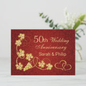 ゴールドの葉、ワインボトル、ハート 50周年記念結婚式 招待状 (スタンド正面)