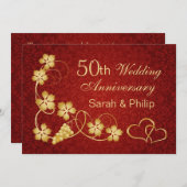 ゴールドの葉、ワインボトル、ハート 50周年記念結婚式 招待状 (正面/裏面)