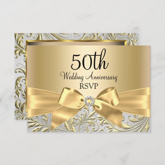 ゴールドの蝶結びと花模様の50周年返信カード 出欠カード (正面/裏面)