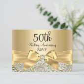 ゴールドの蝶結びの花模様 50周年 返信のお願い 出欠カード (スタンド正面)