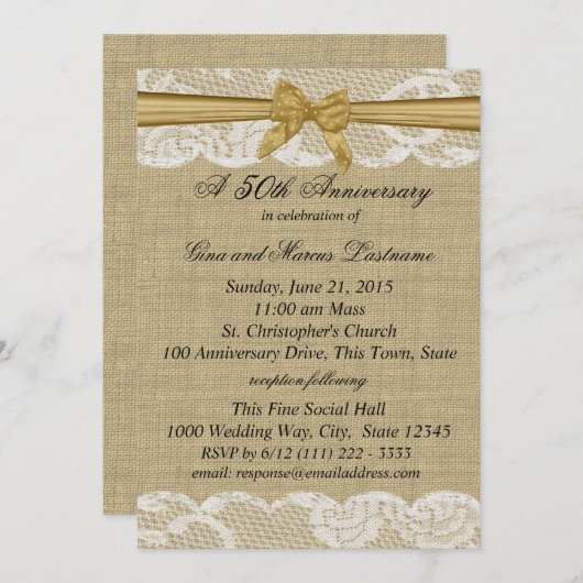 ゴールドの蝶結び付きの麻とレースの50周年記念 招待状 (正面/裏面)