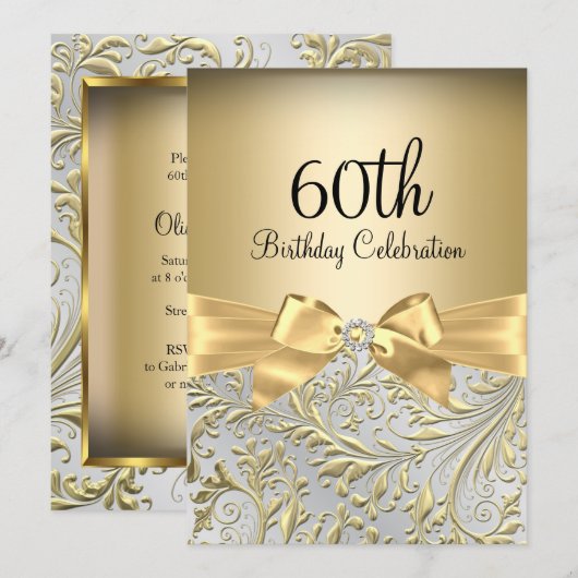 ゴールドの蝶結び 花の渦巻き 60歳の誕生日パーティー 招待状 (正面/裏面)