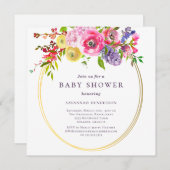 ゴールドの装飾が付いたピンクとパープルの花のベビーシャワーⅠ 招待状 (正面/裏面)