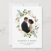 ゴールドの装飾と緑の幾何学模様の結婚祝いクリスマスカード シーズンカード (正面)