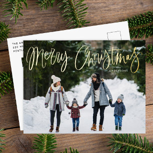 ゴールドの装飾文字 メリークリスマス 2枚の写真入り 箔シーズンポストカード