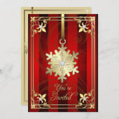 ゴールドの豪華な雪の結晶の赤いホリデーカード 招待状 (正面/裏面)