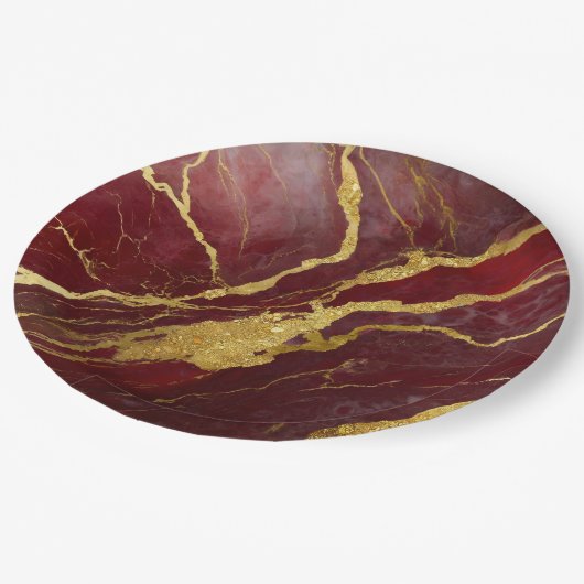 ゴールドの赤大理石模様 ペーパープレート (アングル)