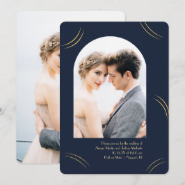 ゴールドの輝き2枚写真 ダークブルー ウェディング 招待状