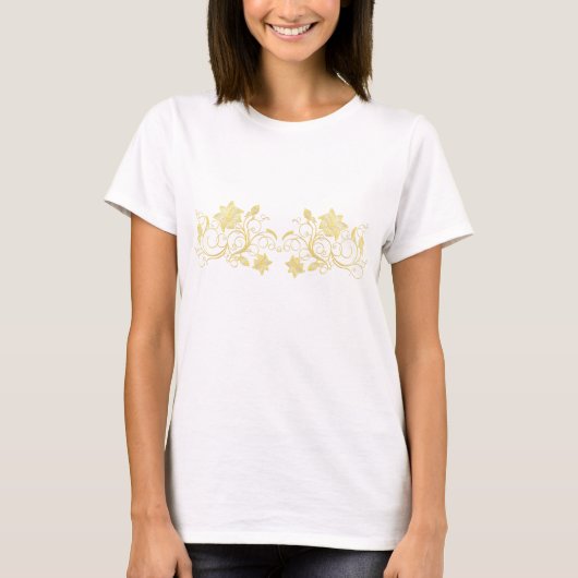 ゴールドの透かし彫りフラワーとツタの蔓のデザイン Tシャツ (正面)