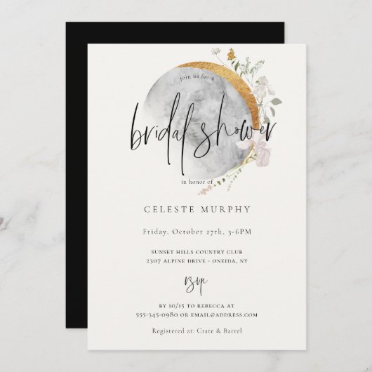 ゴールドの野生の花の月 ブライダルシャワーの招待状 招待状 (正面/裏面)