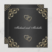 ゴールドの金属トリムが付いたブラックの結婚式 招待状 (正面/裏面)