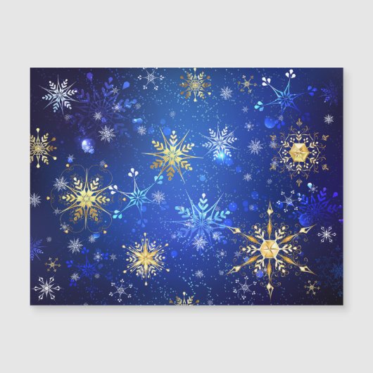 ゴールドの雪の結晶が付いた青いクリスマス背景 マグネット招待状 (正面)
