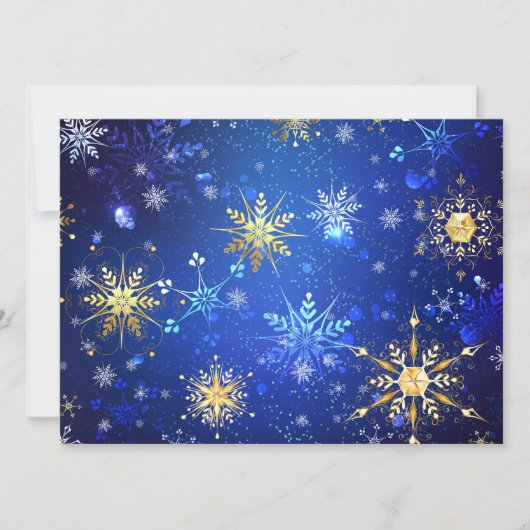 ゴールドの雪の結晶が付いた青いクリスマス背景 招待状 (正面)