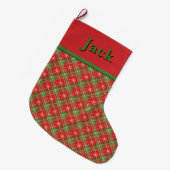 ゴールドの雪の結晶入りクリスマス柄チェック ラージクリスマスストッキング (正面 (吊り時))