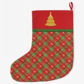 ゴールドの雪の結晶入りクリスマス柄チェック ラージクリスマスストッキング (裏面)