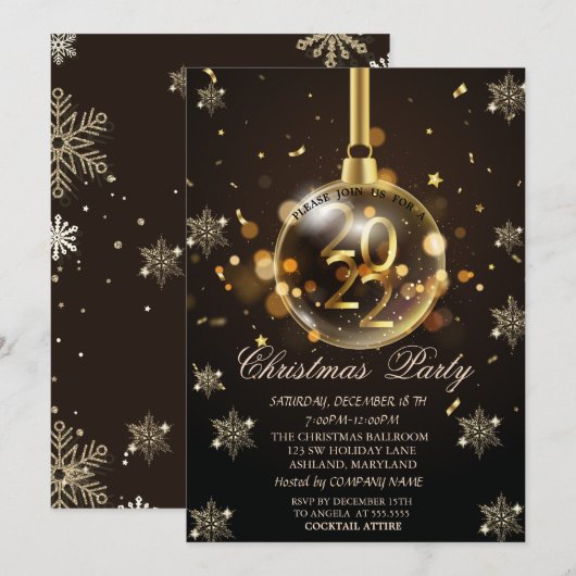ゴールドの雪の結晶、クリスマスボール 2022 企業デザイン 招待状 (正面/裏面)