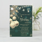 ゴールドの雪の結晶、ボール、枝のライトのクリスマス 招待状 (スタンド正面)