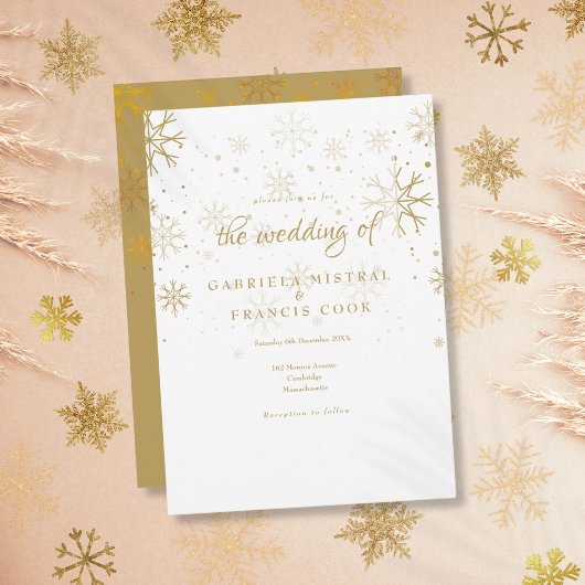 ゴールドの雪の結晶 冬の結婚式の招待状 招待状