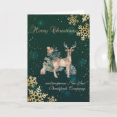 ゴールドの雪の結晶、松の木、トナカイ シーズンカード (正面)