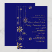 ゴールドの雪の結晶 青い冬のウェディング ブライダルシャワー 招待状 (正面/裏面)