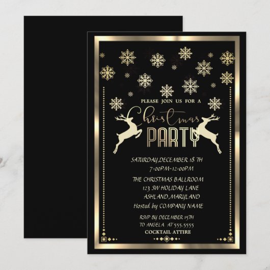 ゴールドの雪の結晶、黒い会社のクリスマスパーティーの鹿 招待状 (正面/裏面)