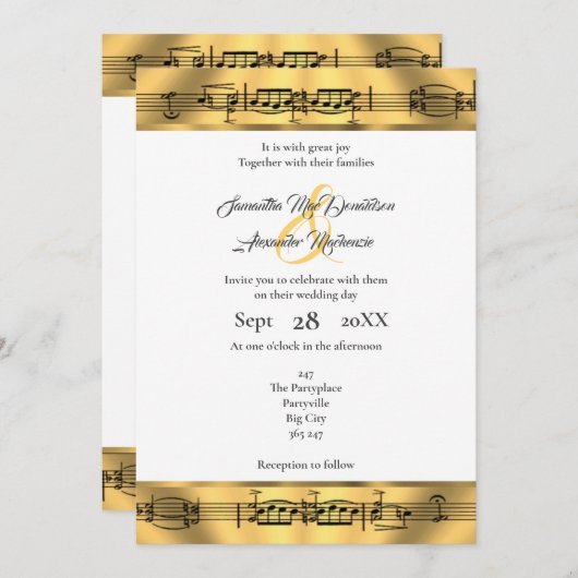 ゴールドの音符と結婚式 招待状 (正面/裏面)