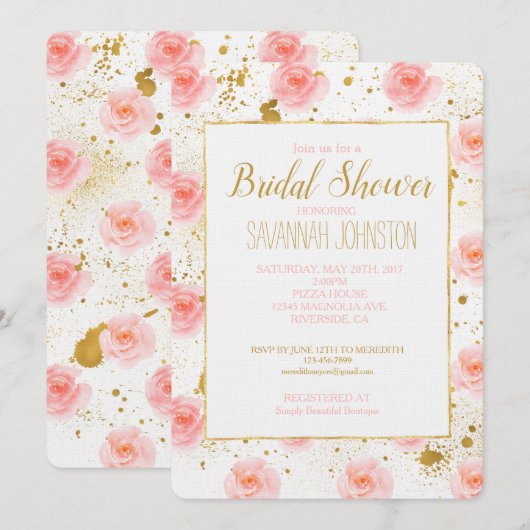 ゴールドの飛沫がピンクのバラ 水彩画 ブライダルシャワー 招待状 (正面/裏面)