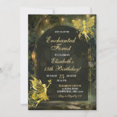 ゴールドの魔法の森の妖精の誕生日ガール 招待状 (正面)