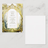 ゴールドの魔法の森の結婚式 Save The Date エンクロージャーカード (正面/裏面)