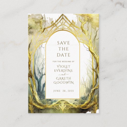 ゴールドの魔法の森の結婚式 Save The Date エンクロージャーカード (正面)