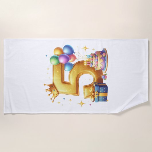 ゴールドの５歳の誕生日 ビーチタオル (正面)
