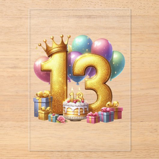 ゴールドの13歳の誕生日 アクリル招待状 (正面)