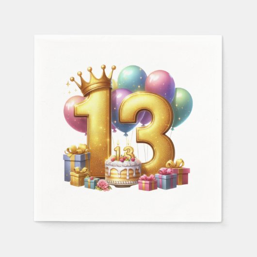 ゴールドの13歳の誕生日 スタンダードカクテルナプキン (正面)