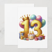 ゴールドの13歳の誕生日 招待状 (正面/裏面)