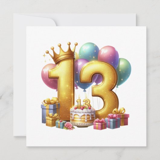 ゴールドの13歳の誕生日 招待状 (正面)