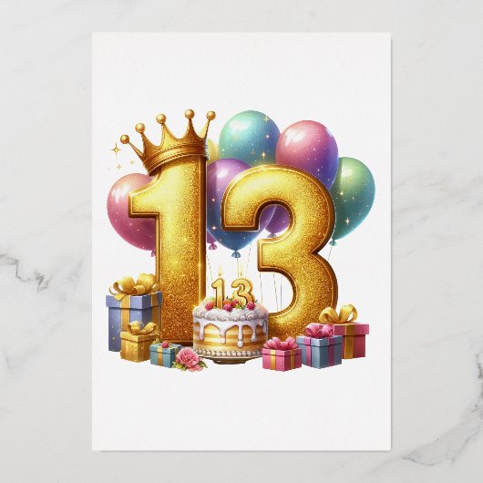 ゴールドの13歳の誕生日 箔招待状 (正面)