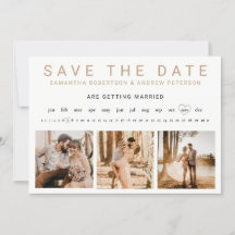 ゴールドの3つの写真グリッドに鉛筆で予定を入れて Save the Date
