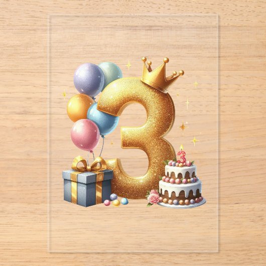 ゴールドの3歳の誕生日 アクリル招待状 (正面)