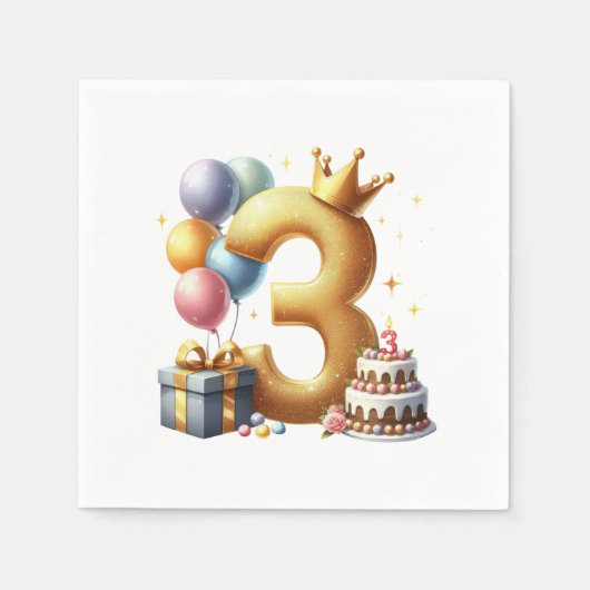 ゴールドの3歳の誕生日 スタンダードカクテルナプキン (正面)