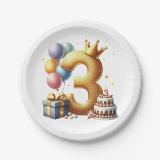 ゴールドの3歳の誕生日 ペーパープレート