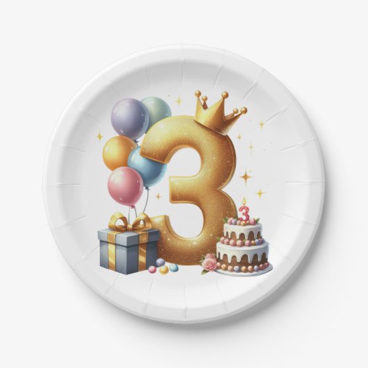 ゴールドの3歳の誕生日 ペーパープレート (正面)