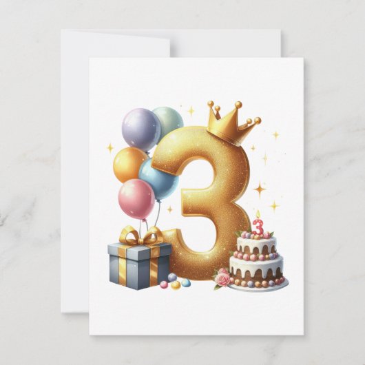 ゴールドの3歳の誕生日 招待状 (正面)