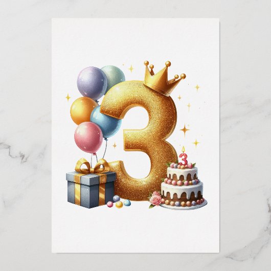 ゴールドの3歳の誕生日 箔招待状 (正面)