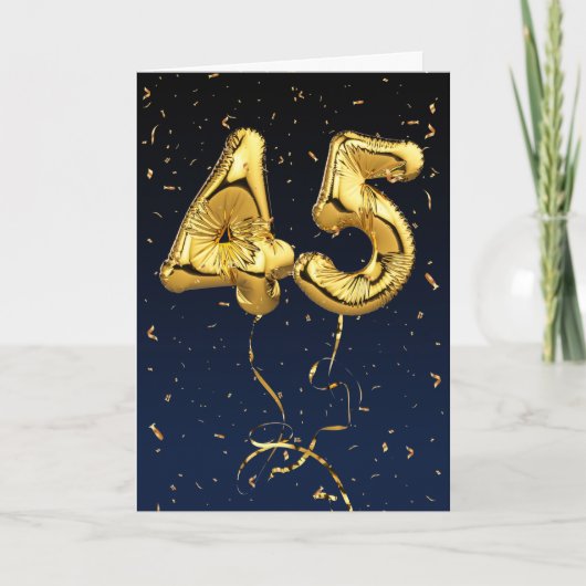 ゴールドの45歳の誕生日マイラーバルーンと紙吹雪カード カード (正面)
