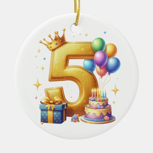 ゴールドの5歳の誕生日 セラミックオーナメント (正面)