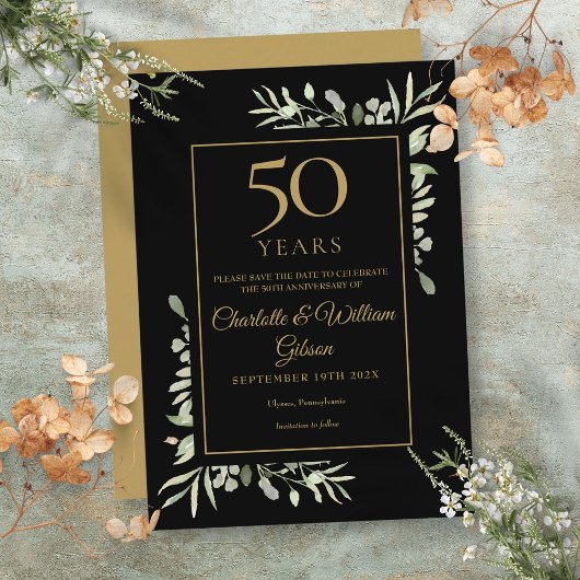 ゴールドの50周年記念Save the Dateグリーナリー 招待状